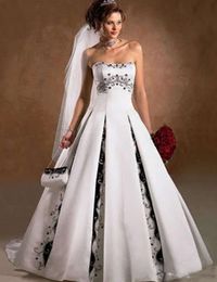 Vintage robes de mariée blanches et noires sans bretelles perles broderie satin une ligne longueur de plancher robes de mariée sur mesure robe de mariee