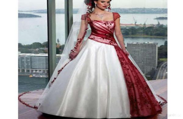 Vintage blanc et bordeaux une ligne robe de mariée pour les femmes col carré dentelle appliques mancherons grande taille lacets gothique corset Co7920331