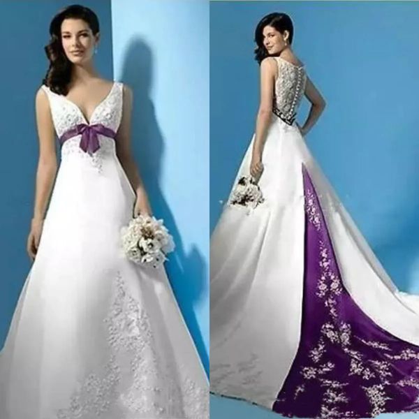 Vintage blanc et violet une ligne robes de mariée dentelle appliques taille empire grande taille robes de mariée sans manches longue élégante robe de mariée en satin 2024 été