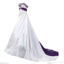 Vintage blanc et violet robes de mariée pas cher bretelles à lacets perlée dentelle broderie balayage train Corset grande taille robe de mariée