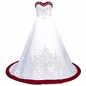 Vintage blanc et rouge broderie robe de mariée a-ligne satin pays robes de mariée sans manches chérie longue mariée réception robes