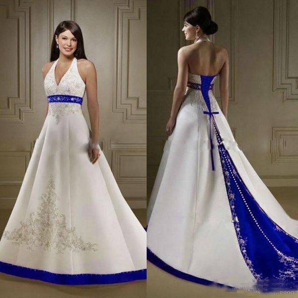 Vintage blanco y azul real vestidos de novia de satén Halter bordado capilla tren corsé por encargo vestidos de novia