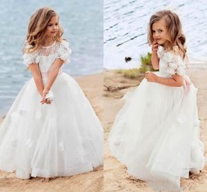Vintage witte strand bloem meisje jurken voor bruiloft juweel tulle 3D bloem meisjes pageant jurk boho kinderen eerste communie formele slijtage