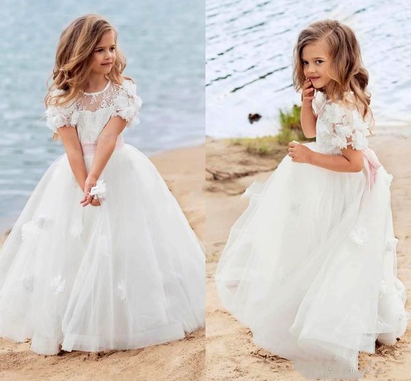 Vintage White Beach Fleur Girl Girl Robes pour bijou de mariage Tulle 3D Flower filles Filles Pageant Robe Boho Enfants Première communion