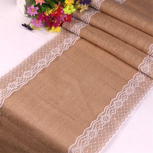 Vintage White Christmas Lace Hessian Arpillera Country Event Party Supplies Decoración de la boda Mantel de lino Mantel Yute Table Runner Y200903