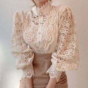 Vintage blanc dentelle Blouse chemises femmes coréen bouton chemise ample hauts femme creux décontracté dames Blouses Blusas 12419 240219