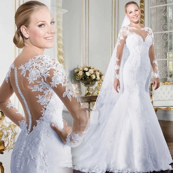 Vintage blanc à manches longues robe de mariée dentelle Appliques mariage formel voir à travers le dos robe de mariée sirène