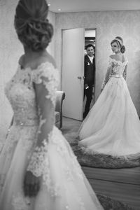 Vintage wit van de schouder baljurk kant trouwjurken kralen riem lange mouw westerse stijl bruidsjurk land applique bedekt 201
