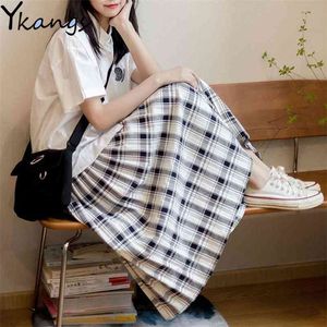Vintage wit plaid geplooid lange rokken elastische hoge taille vrouwen Koreaanse katoen harajuku streetwear midi saias 210421