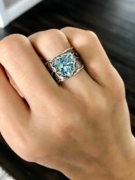 Vintage breed gezicht ringen voor vrouwen liefde hart blauw zirkoon 14K gouden ringen etnische bruid bruiloft sieraden feestaccessoires