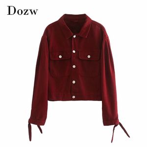 Chaqueta de mezclilla roja vino vintage para mujer Pajarita Abrigo de moda de manga larga con bolsillos Turn Down Collar Jeans 210515