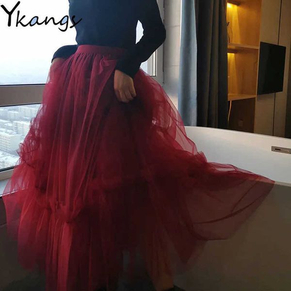 Vintage Vin Rouge Tulle Jupes Plissées Femmes Taille Haute Longue Jupe À Volants En Maille Printemps Harajuku Noir Élastique Puffy Tulle Jupes 210619