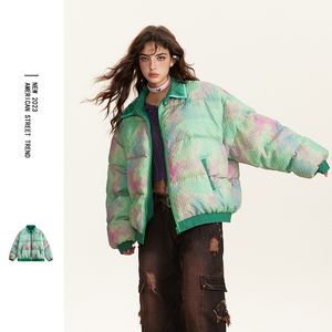 Chaqueta verde Vintage de invierno para hombre, Parka, ropa de calle, abrigos gruesos y cálidos con tinte anudado de Hip Hop, Parkas de burbujas con cremallera a la moda Harajuku Y2K 2023