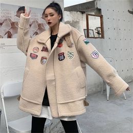 Vintage Winter Lamb Wol Dik Coat Spring Faux Lange jas Vrouwen Lamb Bont Jacket Winter Suede Leather Jacket 201019