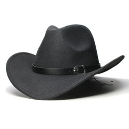 Vintage hiver parent-enfant femmes hommes enfant laine à large bord Cowboy Western chapeau Cowgirl casquette melon noir bande de cuir 615754 cm 240202