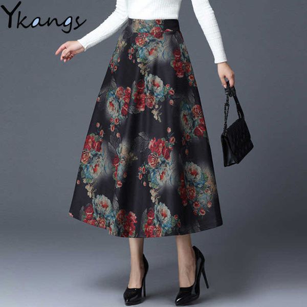 Falda de invierno vintage femenina talla grande a cuadros estampado de flores maxi de mujer cintura alta lana cálida elegante oficina dama 210619