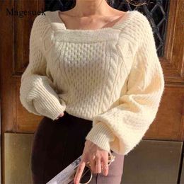 Vintage winter trui vrouwen mode vierkante kraag twist solide losse vest trui gebreide 11121 210512