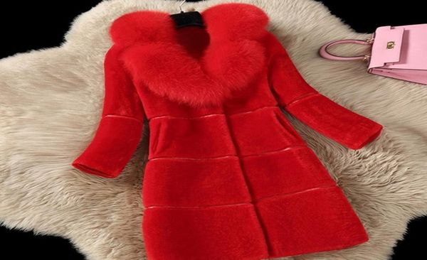 Vintage Winter Women Wool Blend Faux Fur Collar Long Grueso espeso tibio Elegante Damas Outwear Femenina Red Patchwork Chic Overcoat2777919