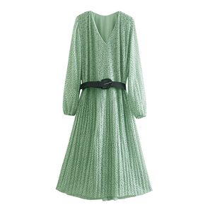 Vintage met riem print geplooid midi jurk vrouwen v-hals lange mouw voering vrouwelijke jurken vestido feminino 210430