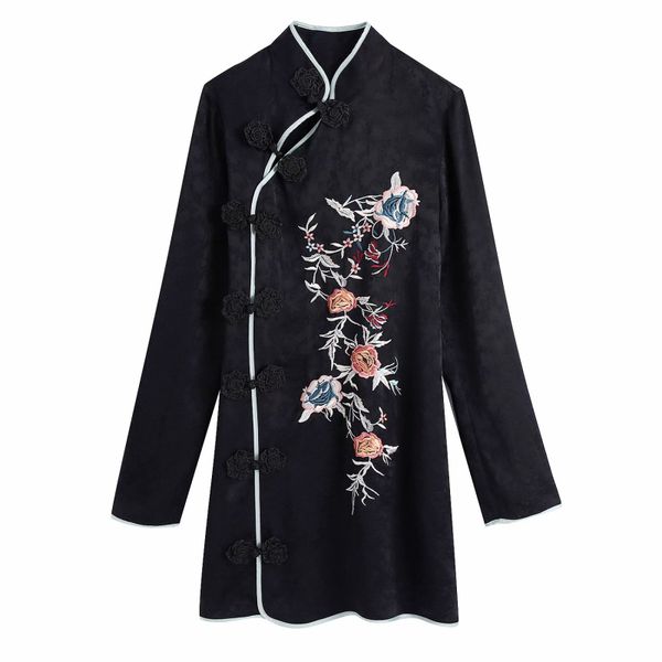 Vintage femme noir broderie Cheongsam robe printemps automne dames élégantes Style chinois es femme Chic doux 210515