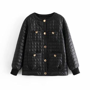Vintage vrouw zwart losse plaid o-hals lederen jas lente-herfst mode dames oversized pu bovenkleding meisjes coole jassen 210515