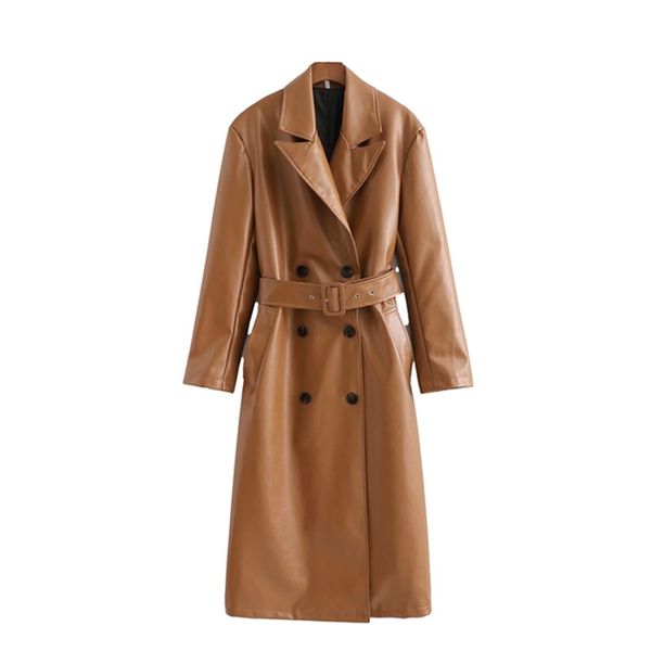 Vintage femme marron lâche ceintures longues en cuir manteaux automne hiver mode dames chaud PU vestes femme élégant survêtement 210515