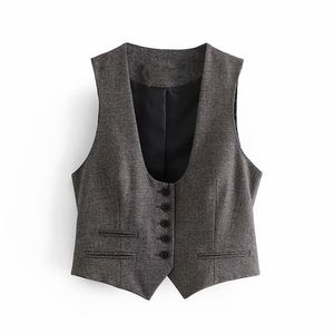Vintage vrouw donker grijs plaid slank vest jas lente mode dames zachte knop tank vrouwelijke casual basic bovenkleding 210515