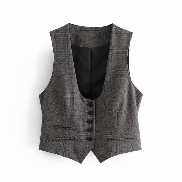 Vintage femme gris foncé Plaid mince gilet manteau printemps mode dames doux bouton réservoir femme décontracté basique vêtements d'extérieur 210515