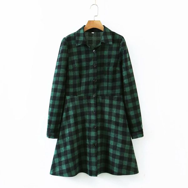 Vintage femme vert Plaid velours côtelé robe automne hiver mode dames manches bouffantes es femme Chic doux a-ligne 210515