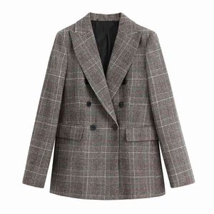 Vintage Woman Grey Plaid Patchwork Blazer Coat Lente Mode Kantoor Dames Basic Booton Jassen Vrouwelijke Elegante Jassen 210515