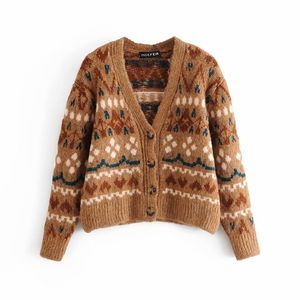 Vintage femme lâche broderie col en V tricoté Cardigan automne mode dames Patchwork chandails femme surdimensionné tricots 210515