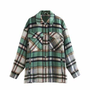 Vintage femme lâche verdure plaid manteau de laine mode dames automne surdimensionné jet de la poitrine femelle casual Tops 210515