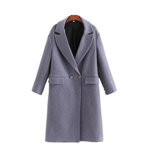 Vintage femme lâche Haze bleu long manteau de laine automne-hiver mode dames épais col en V veste femme élégante douce vêtements d'extérieur 210515