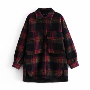 Vintage vrouw losse rode plaid patchwork dik shirt jas winter mode dames warme uitloper vrouwelijke kerst jacks 210515