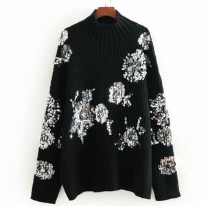 Vintage vrouw losse pailletten zware ambachtelijke trui mode dames herfst glans knitwear vrouwelijke chique warme oversized tops 210515