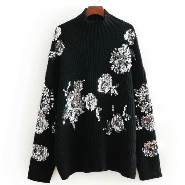 Femme vintage paillettes lâches lourds pull d'artisanat mode dames automne brille de brillance femelle chic chaude surdimension