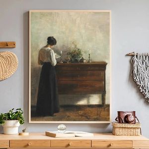 Vintage femme peintures lecture scène intérieure affiches et impressions toile peinture Antique mur Art photos pour salon décor à la maison Woo