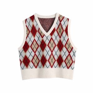 Vintage vrouw rood losse argyle gebreide vest lente mode dames oversized v-hals trui meisjes leuke kersttank 210515