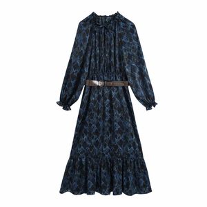 Vintage vrouw ruche riem chiffon jurken lente mode dames zachte gedrukte lange vrouwelijke elegante vakantie 210515