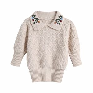 Vintage femme col rabattu broderie pull mode dames Beige demi manches tricots femme élégant doux hauts 210515