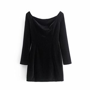 Vintage vrouw fluwelen slash hals jurk mode dames herfst zwart slanke es vrouwelijke elegante lange mouw korte 210515