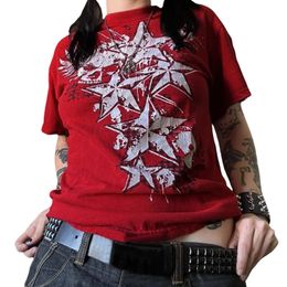 Vintage dames 90s Vintage Mall Goth T-shirt Y2K Cyber Grunge Skull Star Print Tees Harajuku Korte mouw Goth O Neck Crop Tops 240511