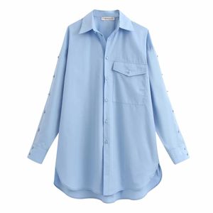 Vintage femmes bleu longues chemises été mode dames doux lin blouses décontracté femme bouton chemise filles chic hauts 210527