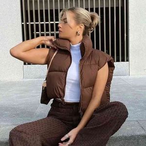 Vintage Femmes Brown Gilets courts Printemps-Automne Mode Dames Mignon Puffer Gilet Manteaux Sweet Girls Chic Vêtements d'extérieur 210430