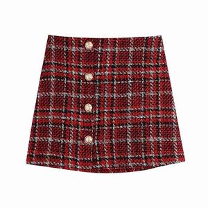 Vintage femmes élégant rouge laine Plaid jupes mode dames bouton unique jupe Streetwear femme Chic a-ligne Mini 210427