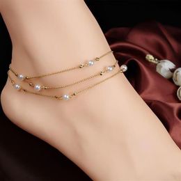 Bracelet de cheville Vintage en fausses perles pour femmes, multicouches, bijoux de plage, accessoires pour femmes, 309z