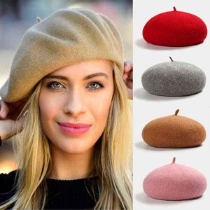 Vintage Femmes Fille Béret Artiste Français Laines Chaudes Hiver Bonnet Chapeau Casquette Béret Plat Chapeaux Solide Couleur Élégante Dame Casquettes D'hiver J220722