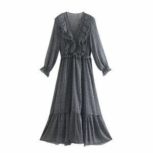 Vintage vrouwen grijze print jurk mode dames ruches v-hals es elegante vrouwelijke chiffon losse meisje chique vestidos 210427