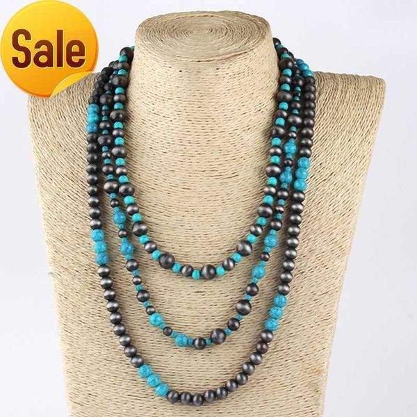 Vintage femmes bijoux 3 couches dessin gris collier de perles Navajo colliers de perles turquoise