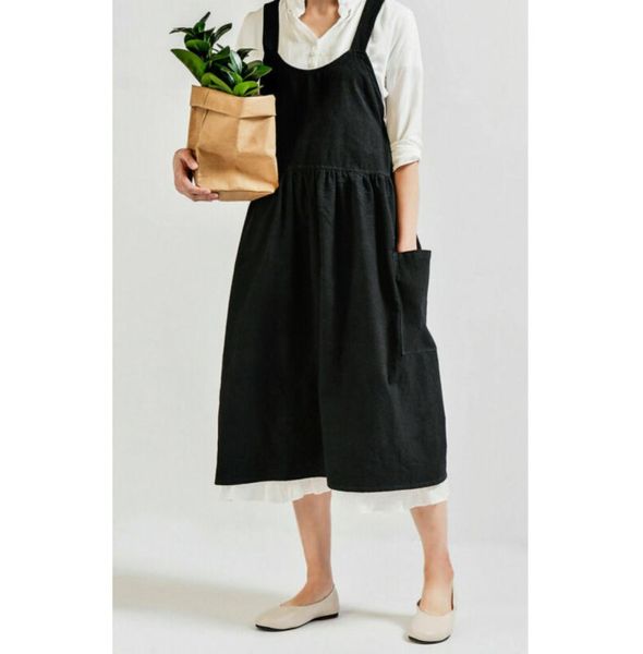 Femme vintage Lady Linen Cotton Linn Japonais style Sans manches PinaFore Home Coffee Cook Florist tabliers Robe décontractée 9530302